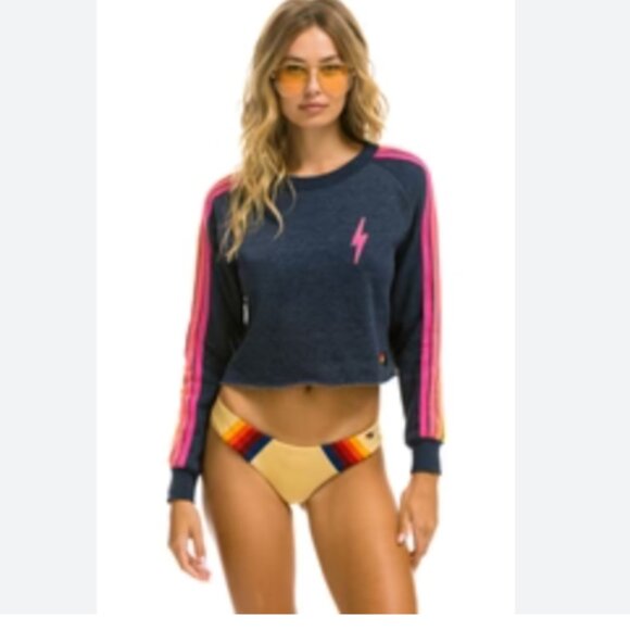 Aviator Nation Navy Crew Vibrant Stripes cropped sweatshirt - Picture 1 of 8